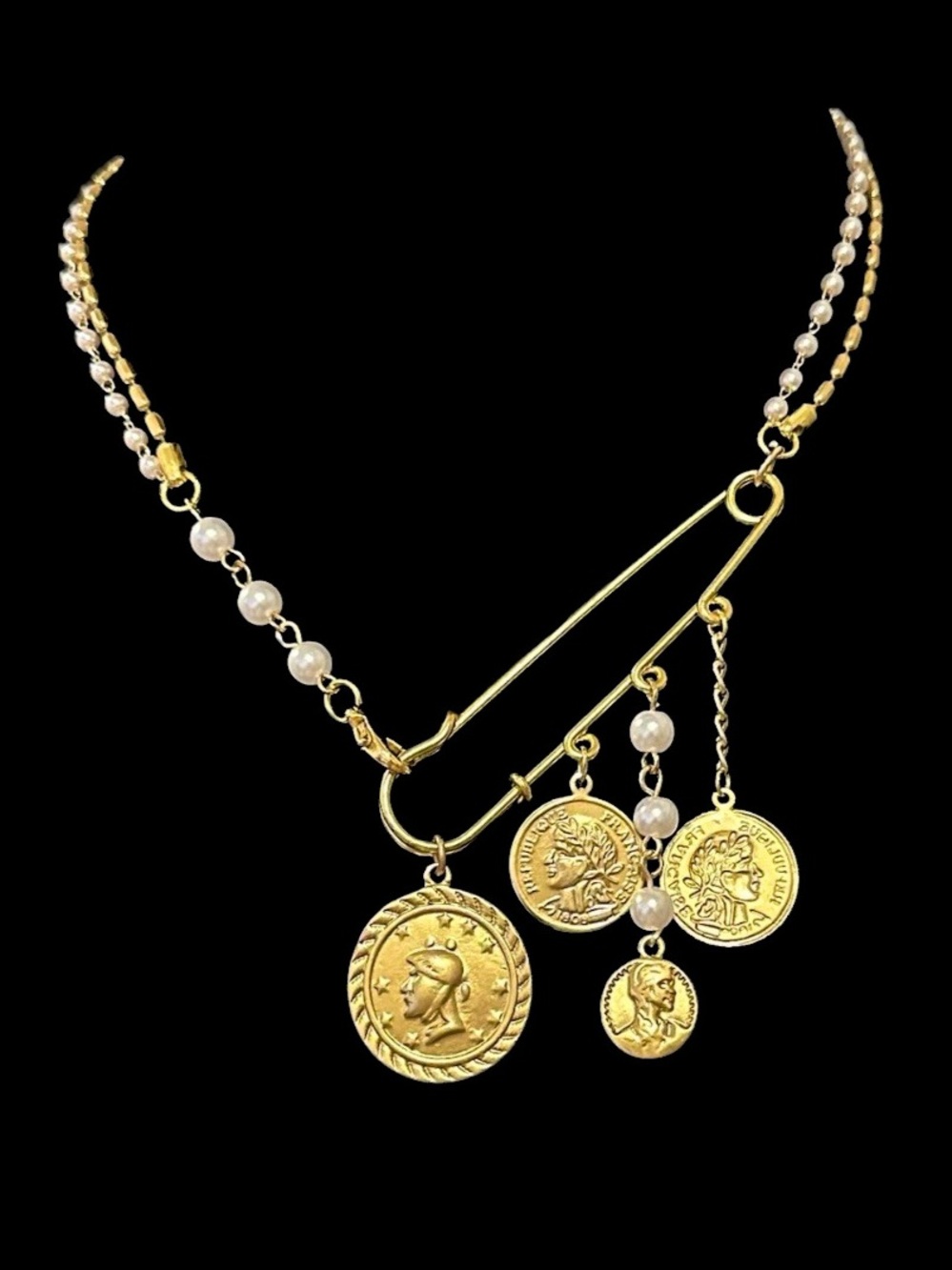 Gold-Tone Coin Charm Safety Pin Necklace with Pearls - Women Jewelry